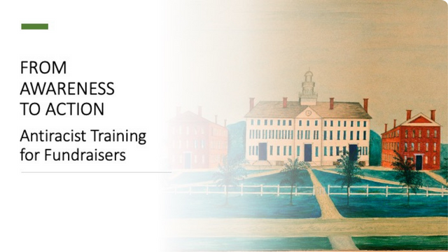 An illustration of the original Dartmouth Hall with the text "From Awareness to Action, Antiracist Training for Fundraisers