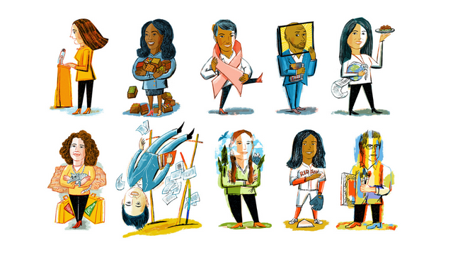 A colorful illustration with whimsical portraits of ten Dartmouth alumni that relate to their career