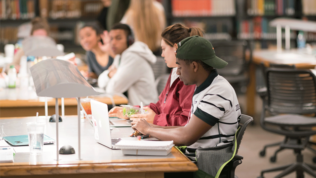 Student studying at table in library