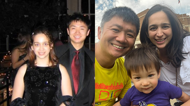 A then-and-now side-by-side of Minkun Zhang and Jackie Olson